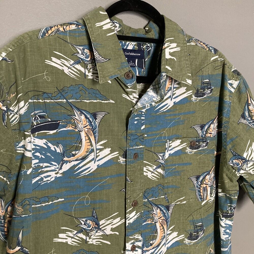 Croft & Barrow Mens‎ Fishing Swordfish Shirt Large Deep Sea Super cool Vintage